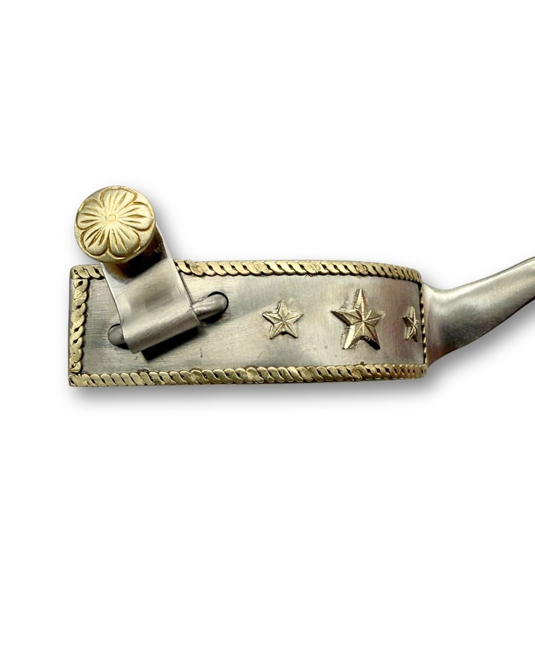 Westernsporen silber mit gravierter Verzierung und Sternen, Rädchensporen Kleeblatt 