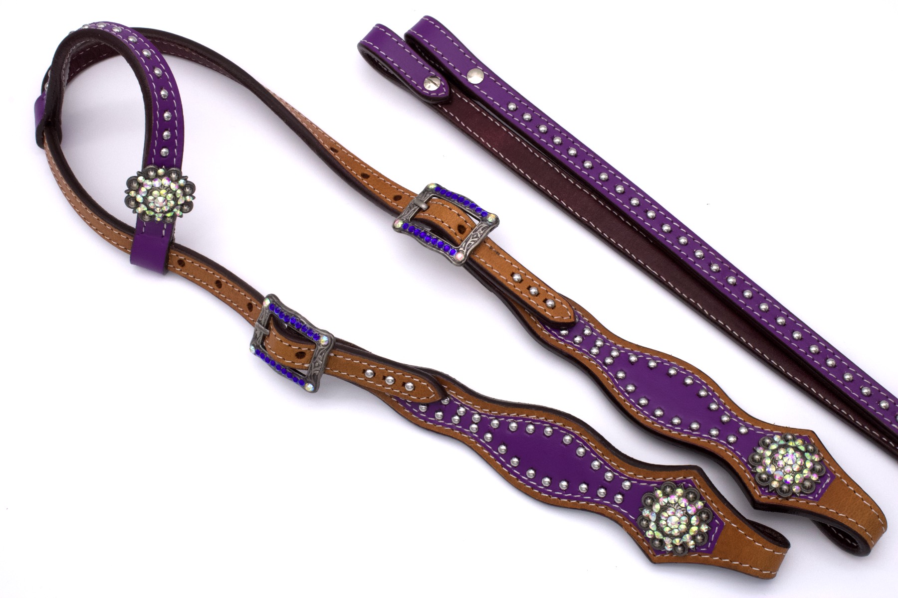 Einohr Westerntrense lila mit klaren Conchos inkl. Zügel