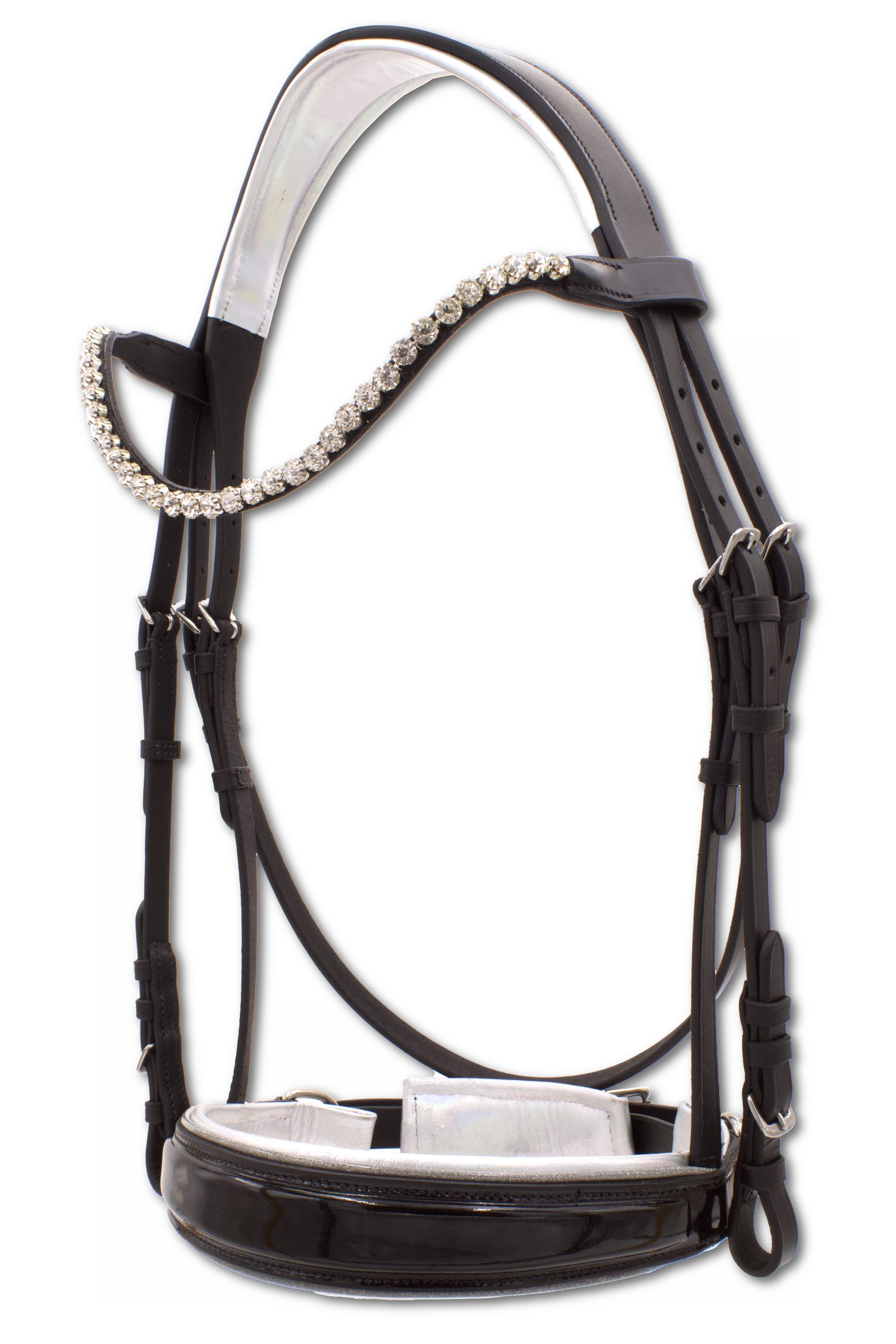 englisch-trense-schwarz-silber-af34 Trensenzaum englisch kombiniert schwarz, glitzer, inklusive Zügel mit Grip