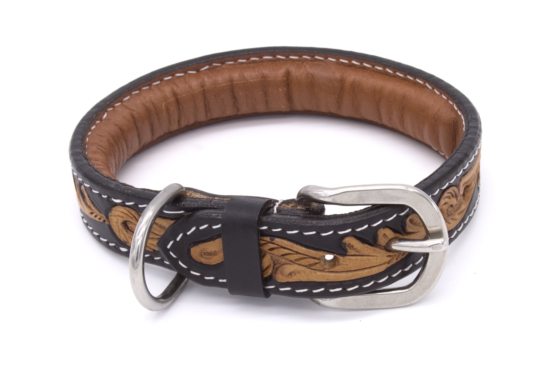 hundehalsband-schwarz-SW11772 Hundehalsband aus Echtleder weich unterlegt, schwarz, mit heller Verzierung