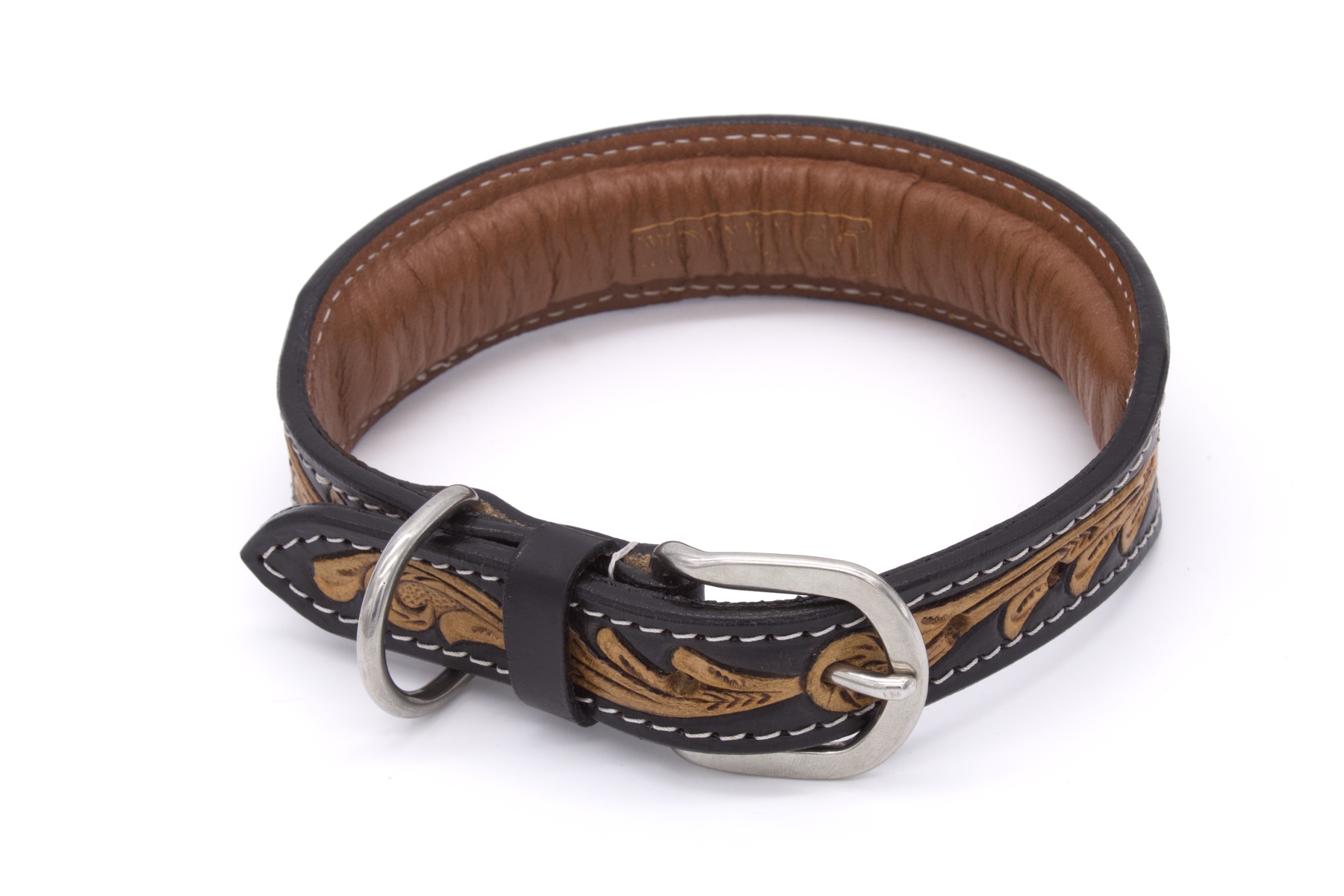 hundehalsband-schwarz-L-SW11772 Hundehalsband aus Echtleder weich unterlegt, schwarz, mit heller Verzierung