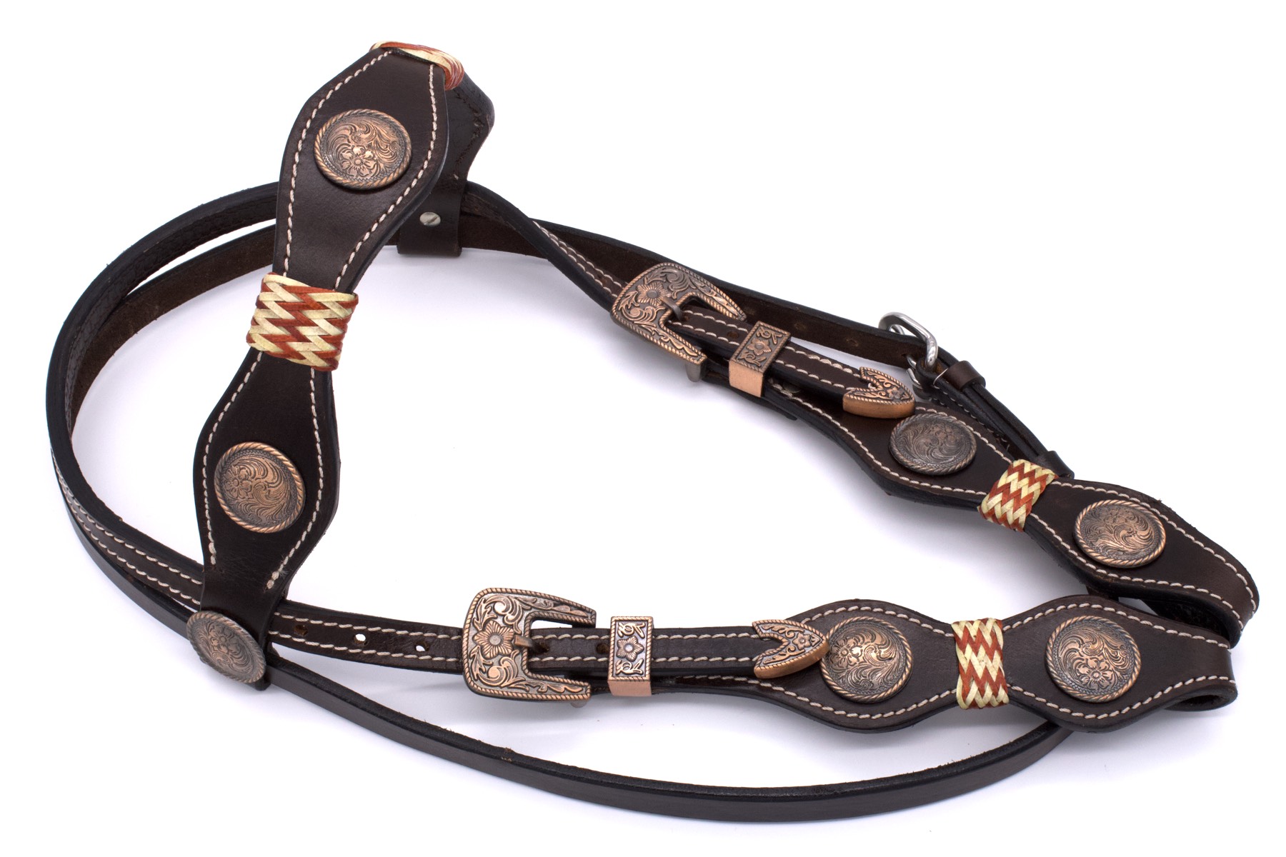 Vintage Style Westerntrense, kupferfarbene Schnallen und Conchos, Rohhautakzente, Stirnriemen