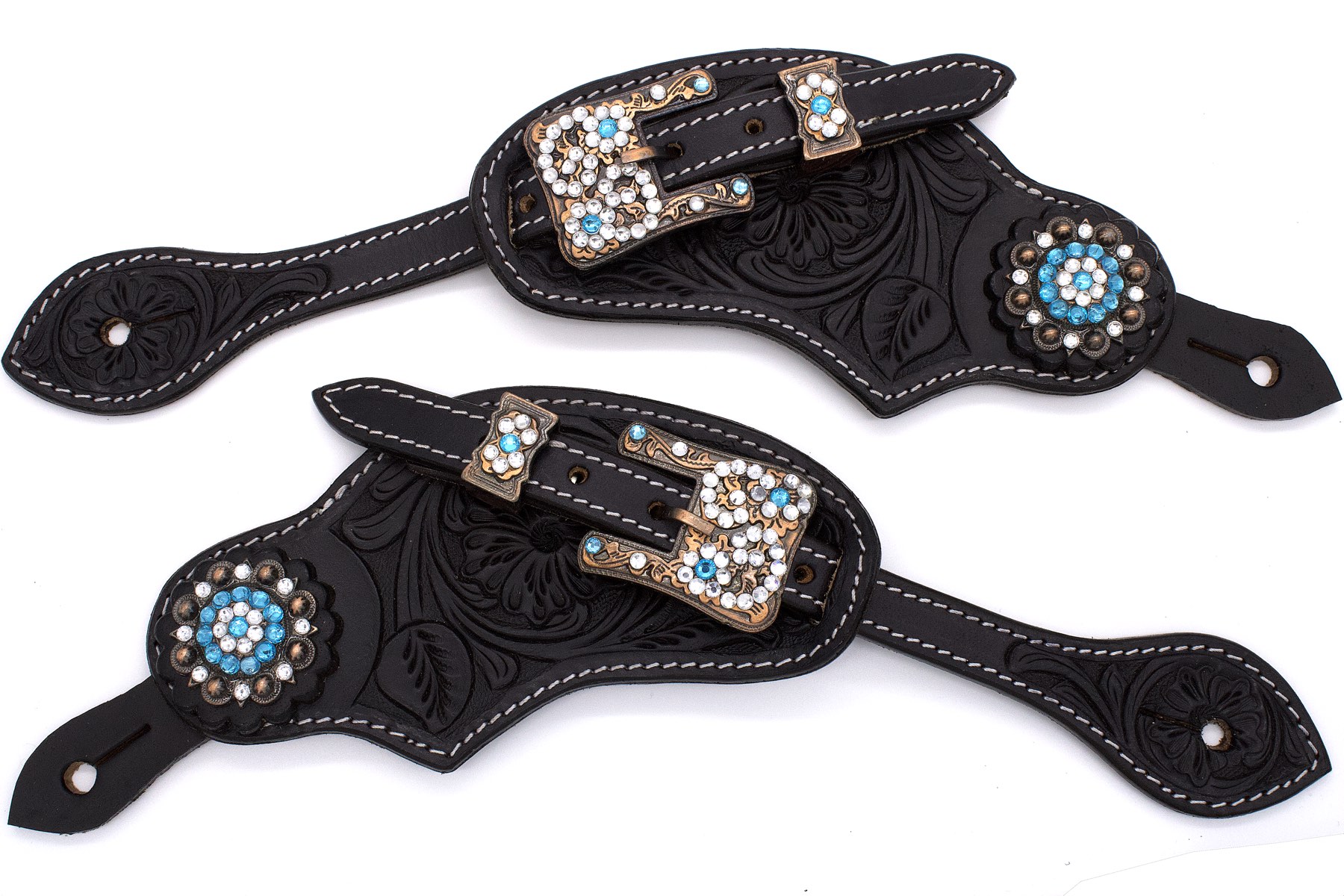 Western Sporenriemen schwarz mit türkisen Strass-Conchos und verzierten Schnallen