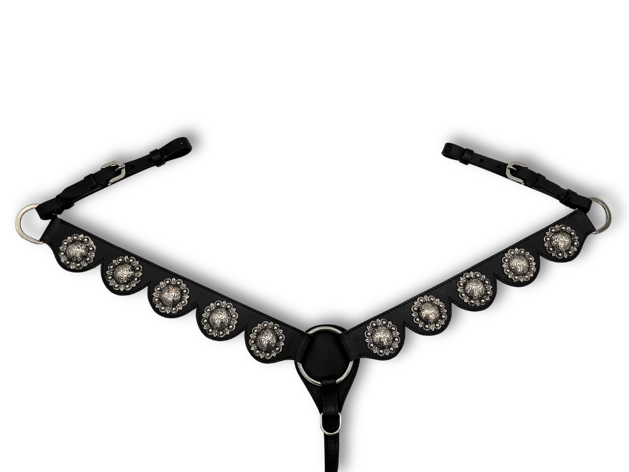 Western Vorderzeug aus Leder, schwarz mit großen Conchos Barock Vorderzeug