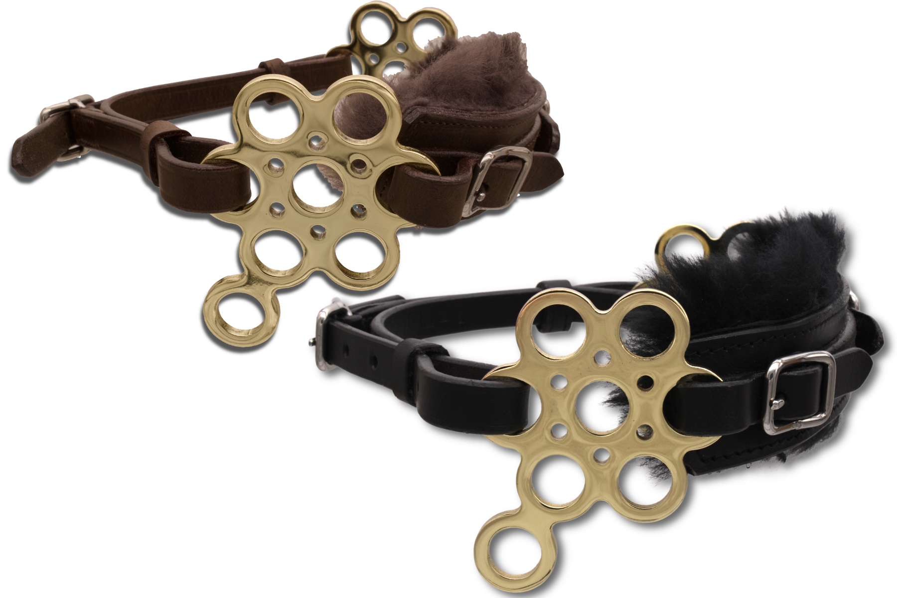 Hackamore Flower goldfarben, mit Lammfell, gebisslos Hackamore Flower goldfarben, mit Lammfell, gebisslos