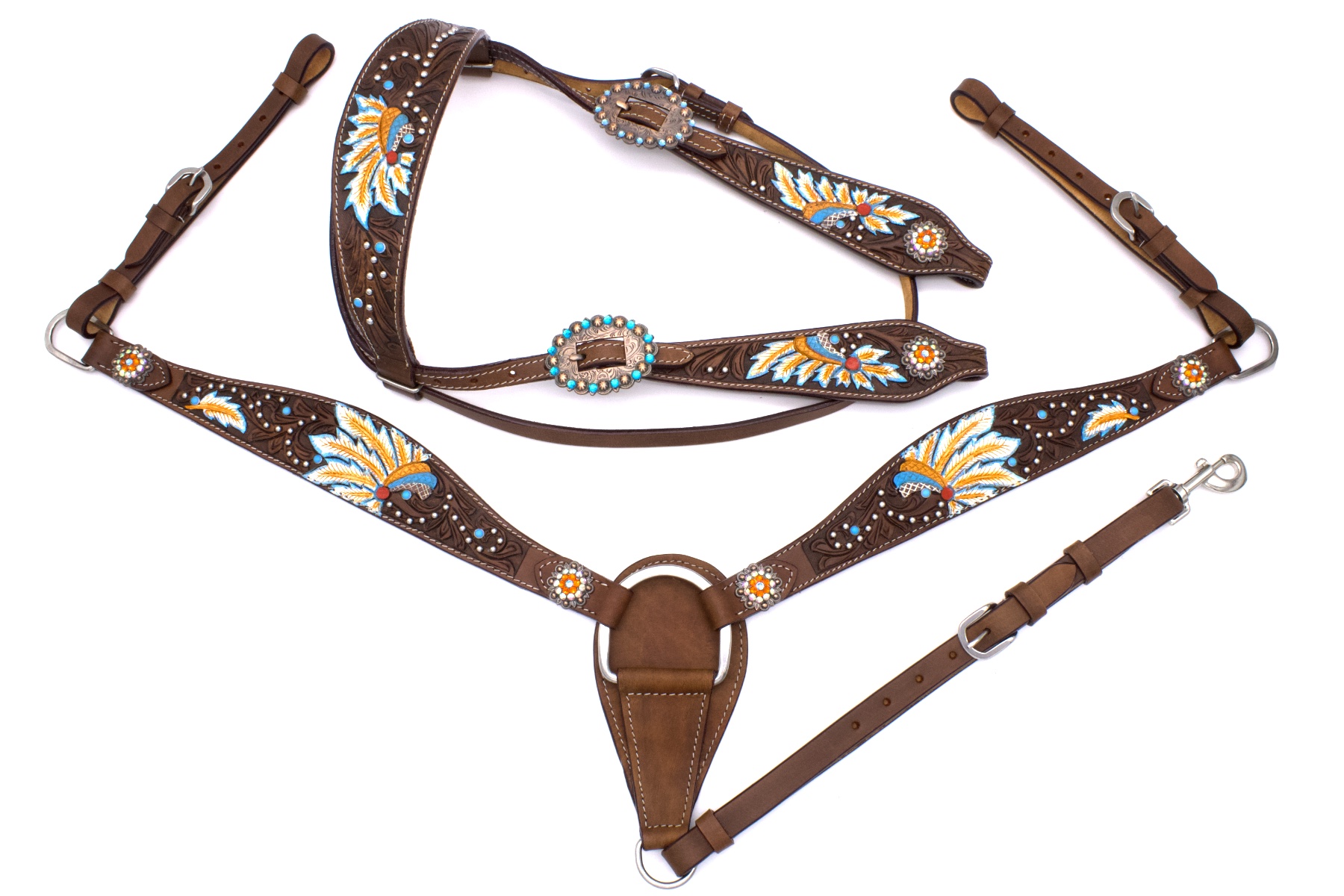 Set aus Westerntrense und Vorderzeug im Indianerdesign, Häuptlingsfedern, punziert, türkis