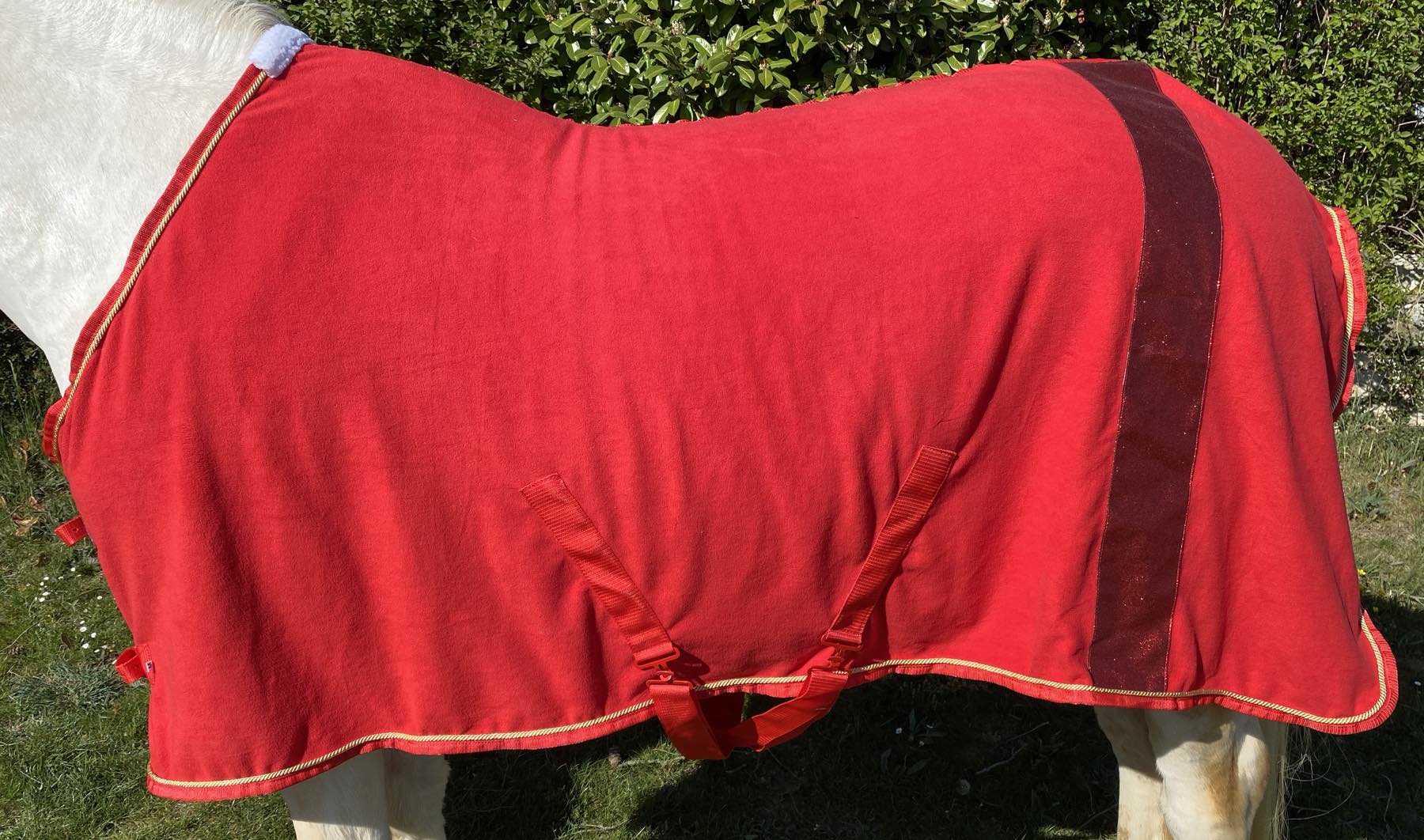 abschwitzdecke-pferd-rot-2 Abschwitzdecke mit Glitzerstreifen, Fleecedecke in rot, Pferdedecke, goldene Kordel