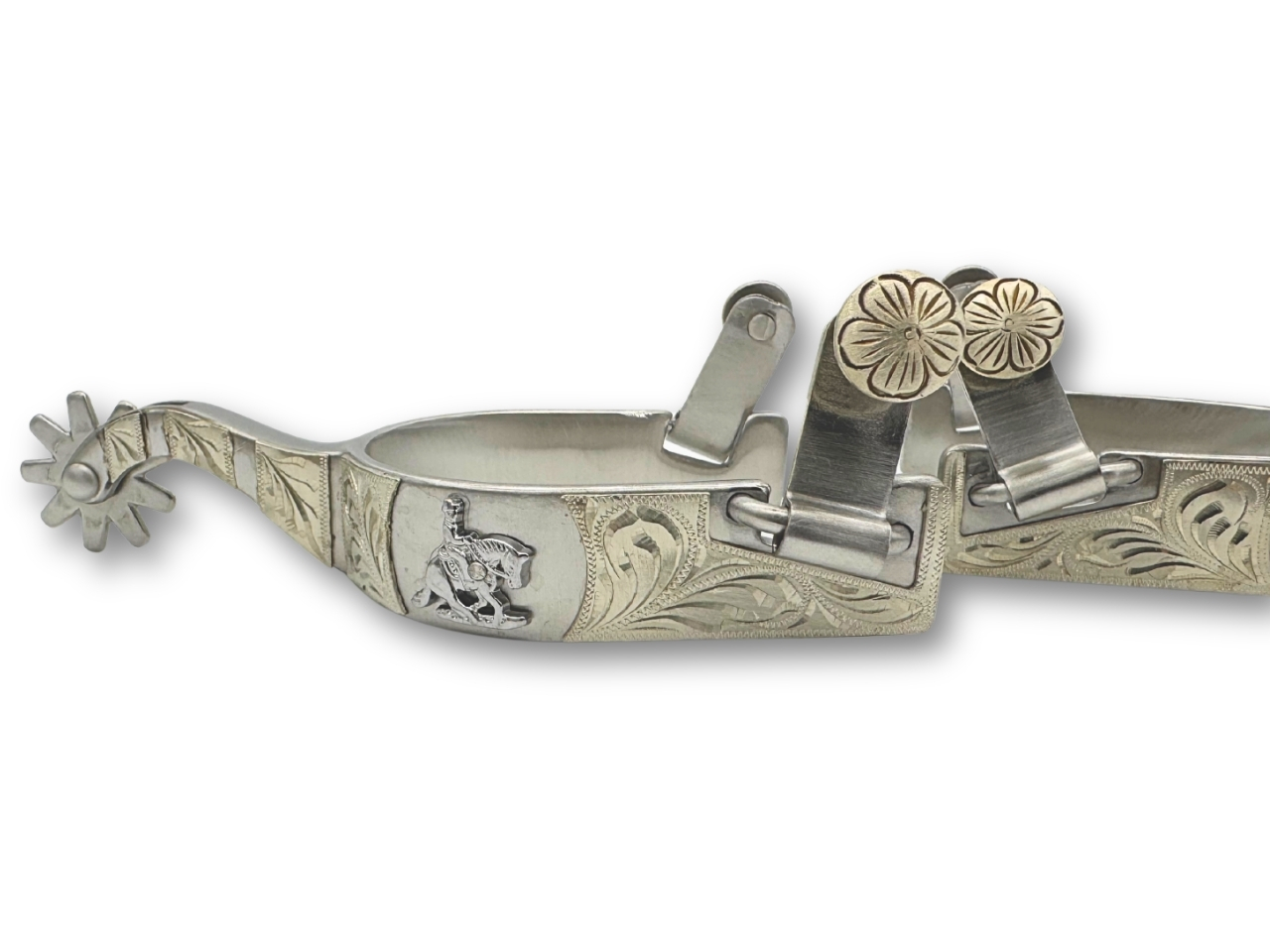 Westernsporen silber mit gravierter Verzierung und Reining horse Emblem, Rädchensporen