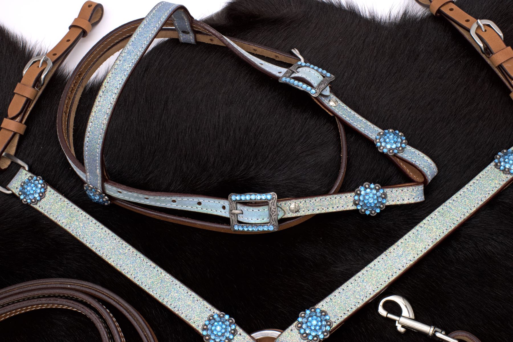 Pony Glitzer Westernset, Kopfstück und Vorderzeug, türkis, Strass