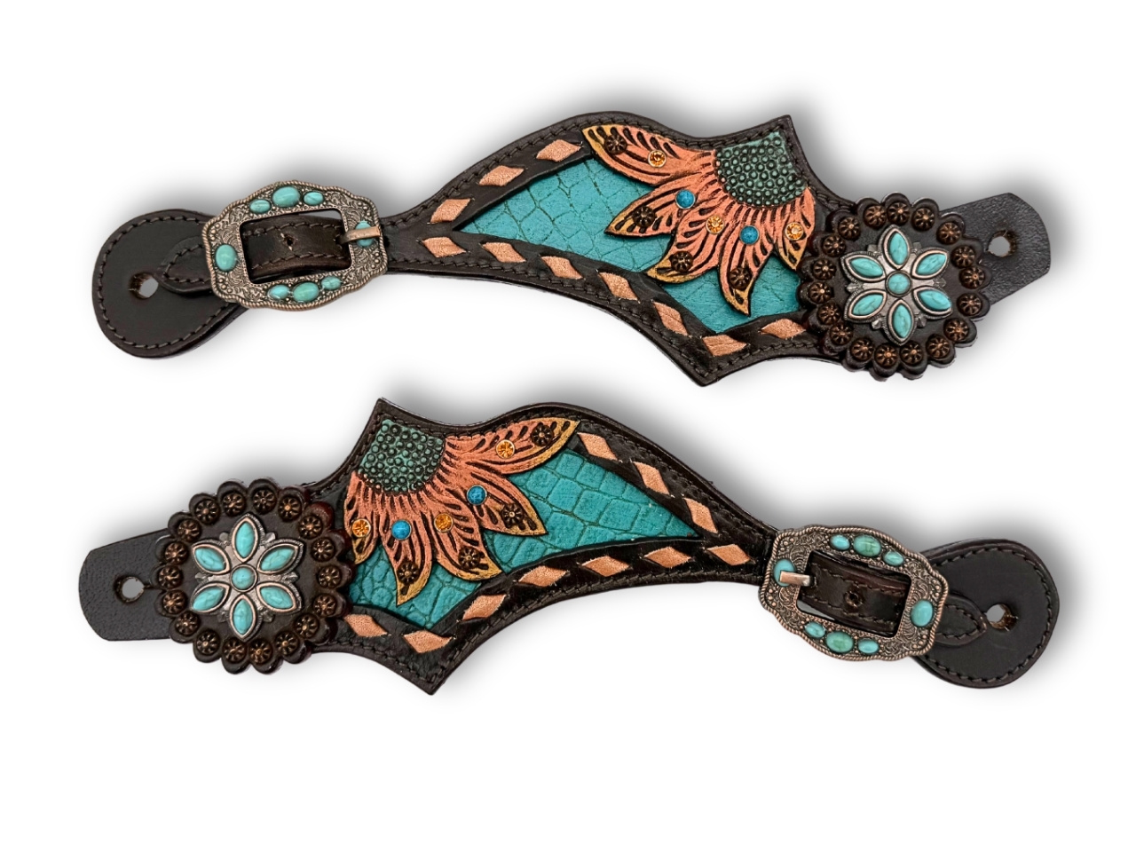 Sporenriemen dunkelbraun mit Flower Conchos türkis und rosegoldenen Akzenten