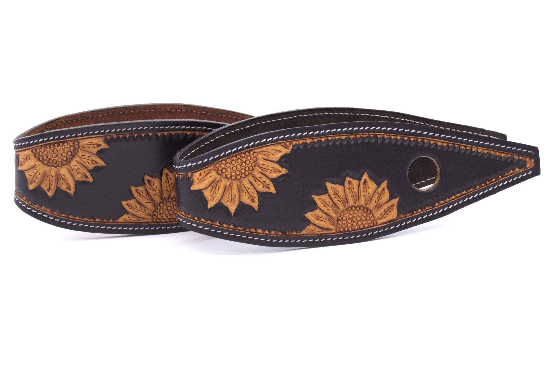 Leder Slobber Bars, Slobber Straps schwarz mit Sonnenblumen Punzierung