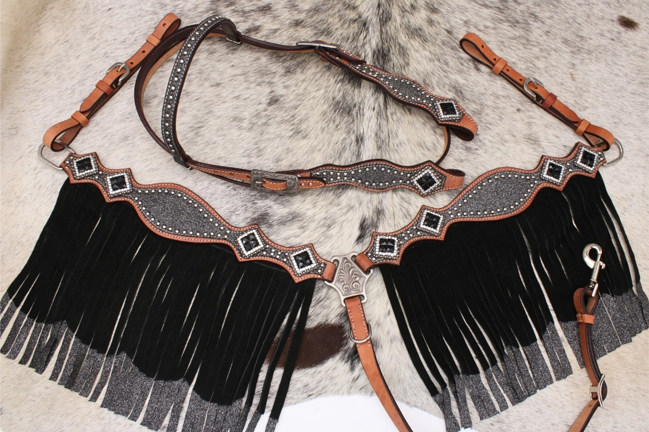 Glitter show snaffle silver with breast collar and fringes, set of breast collar and western bridle