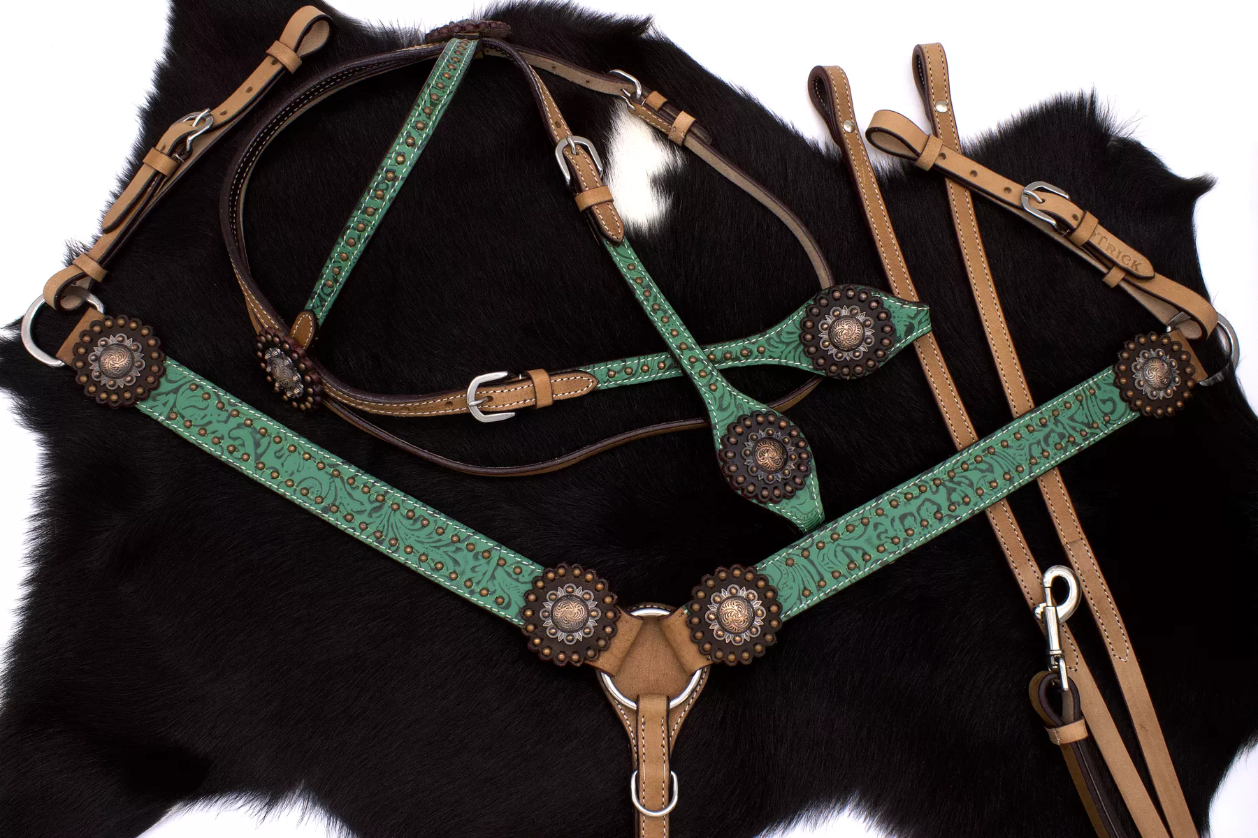 Western-Kopfstück, Set aus Trense mit Western-Vorderzeug, grünes Muster, kupferfarbene Conchos