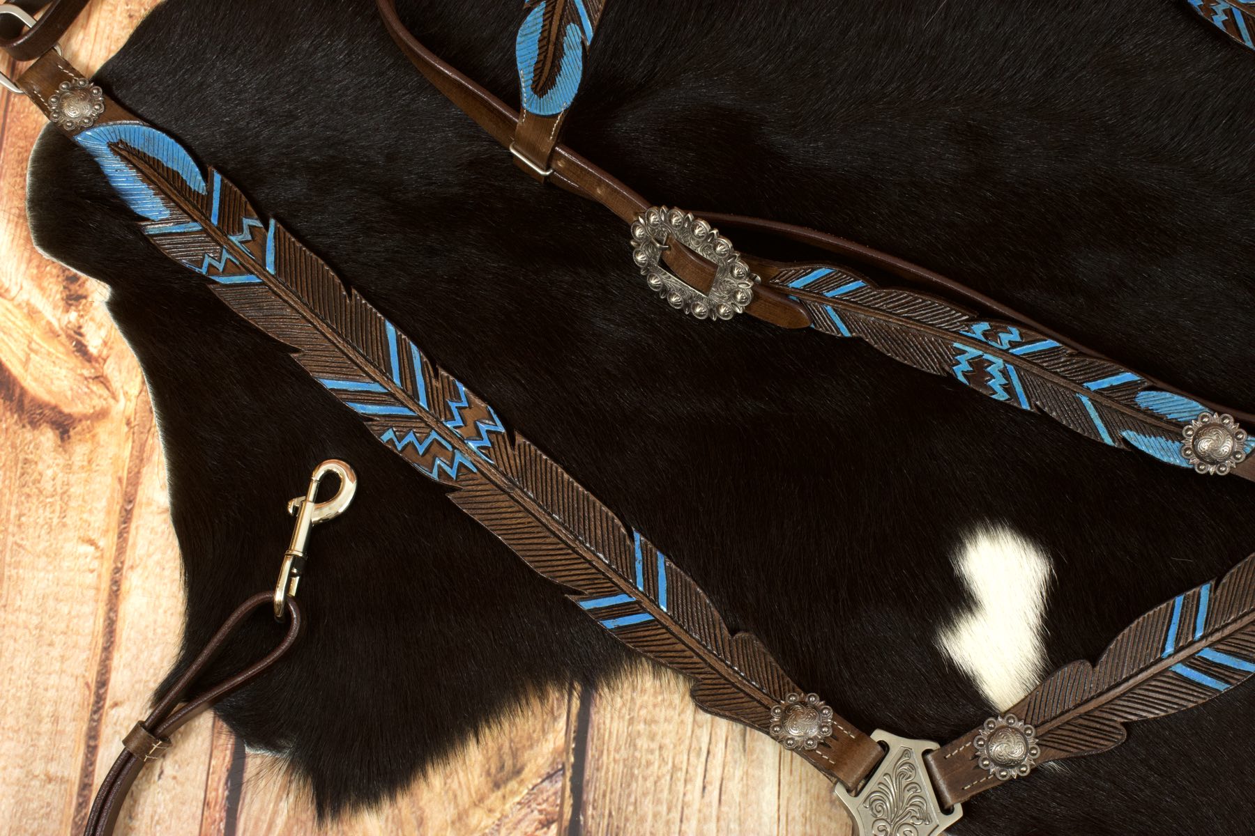 Federoptik Western-Kopfstück dunkel, Set aus Trense mit Vorderzeug, dunkelbraun, türkis