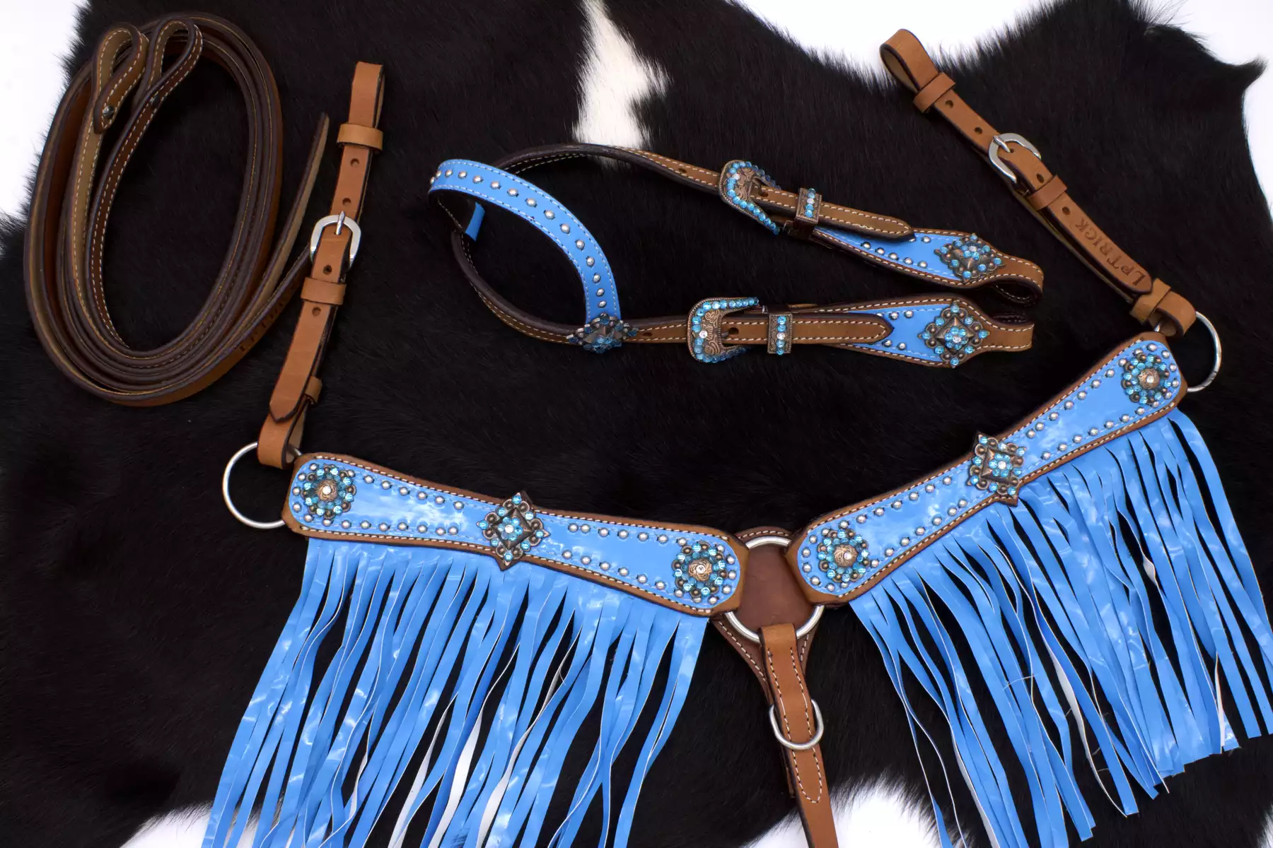 Minishetty-set-SW11445 Minishetty / Shetty Westernset, Einohrtrense und Vorderzeug mit Fransen hellblau