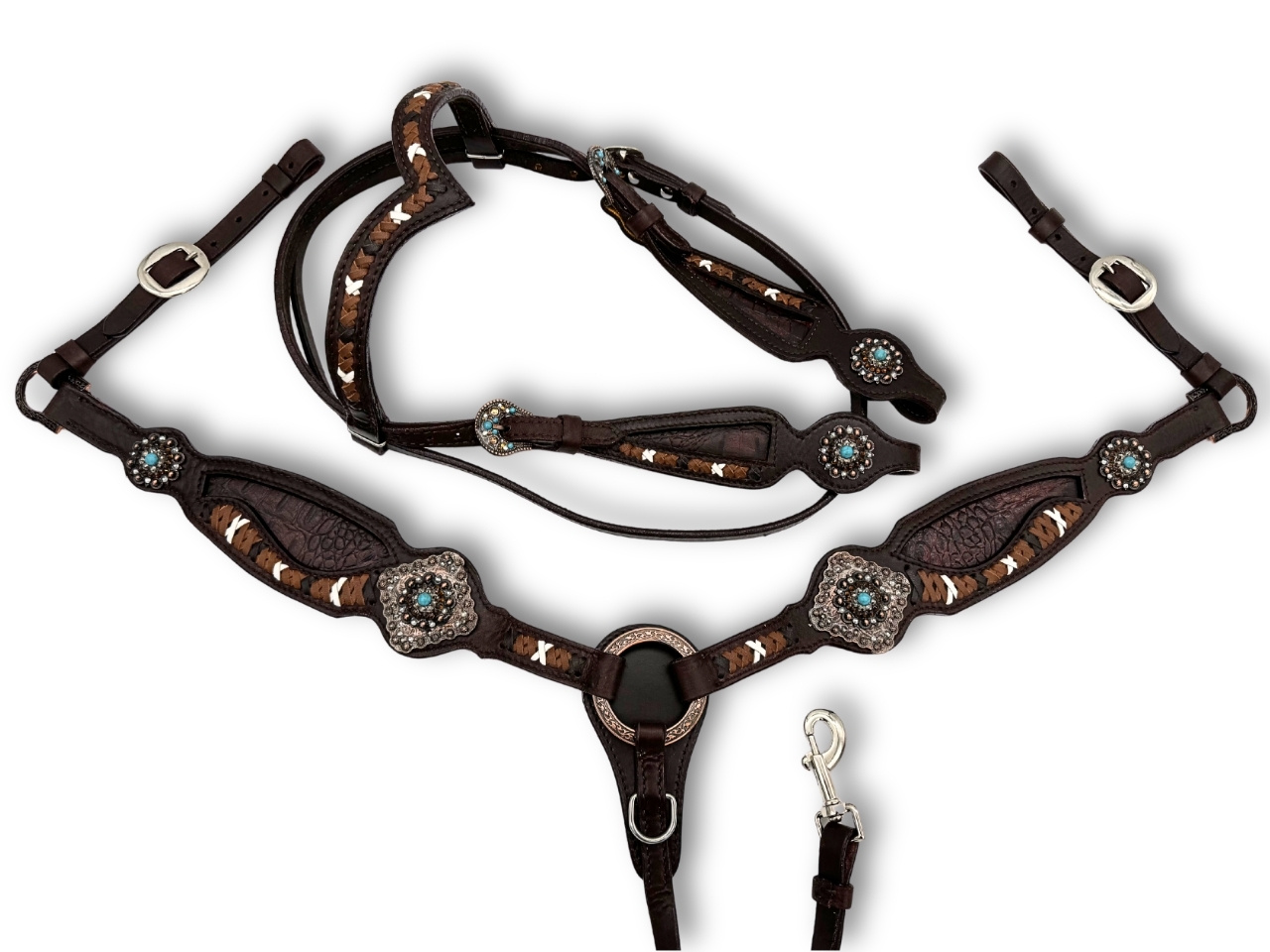 Vintage-Look Westerntrense, Set aus Kopfstück und Vorderzeug, Split Reins dunkelbraun 