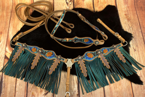 Westerntrense, Set aus Kopfstück mit Vorderzeug, braun, feather,Federn