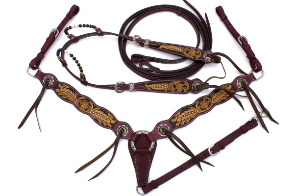 Westernset mit Zweiohrtrense und Vorderzeug im Vintage Look mit Lederbändern
